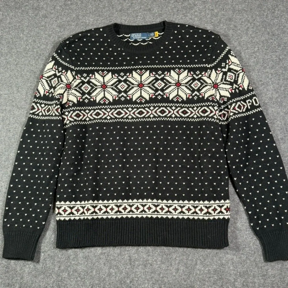 Polo Ralph Lauren Mens Black Fair Isle Cotton Cashmere Snowflake Sweater L